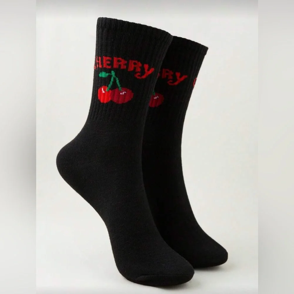 •Cherry Pop• Black Graphic Cherry Print Crew Socks 3 for $21